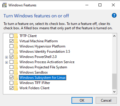 WSL opció a Windows Features ablakban