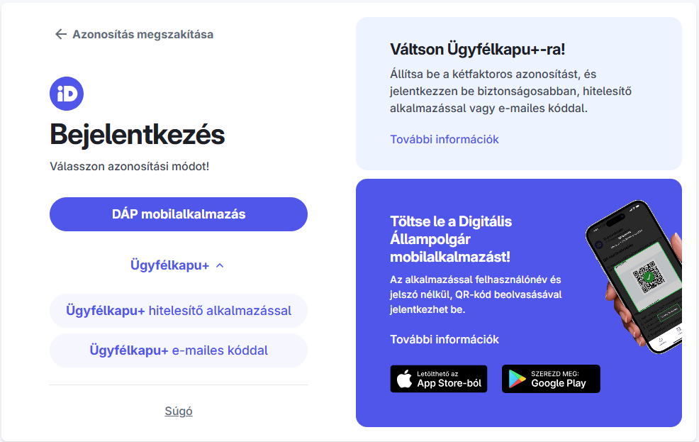 Központi Azonosítási Ügynök beléptető oldal